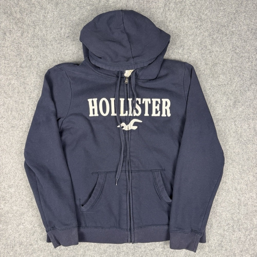 Hollister Sherpa Lined Zip Hoodie Large Navy Blue Spellout California Jacket